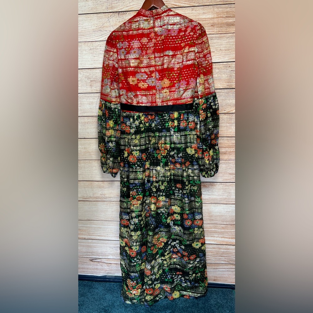 Vintage 60's Mollie Parnis Floral Maxi Dress Sz 8 M Balloon Sleeve Gold Metallic - Picture 8 of 16